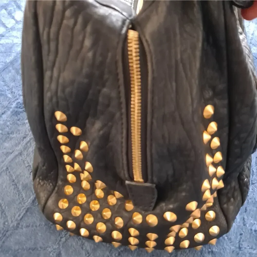 MCM Keana Boston Studded 2-Way Satchel Handbag Shoulder Bag Black Leather